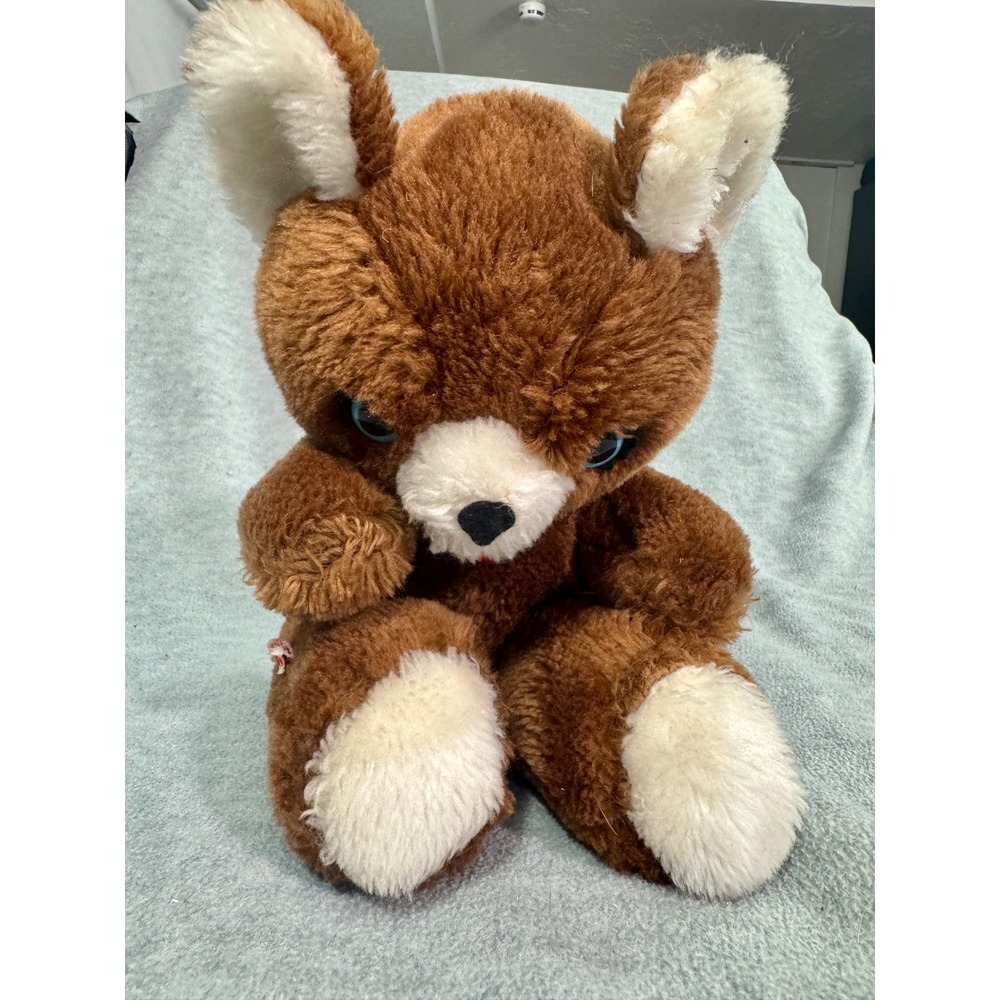 Vintage Rushton Style Teddy Bear Brown White Plush Blue Eyes Red Tongue 12"
